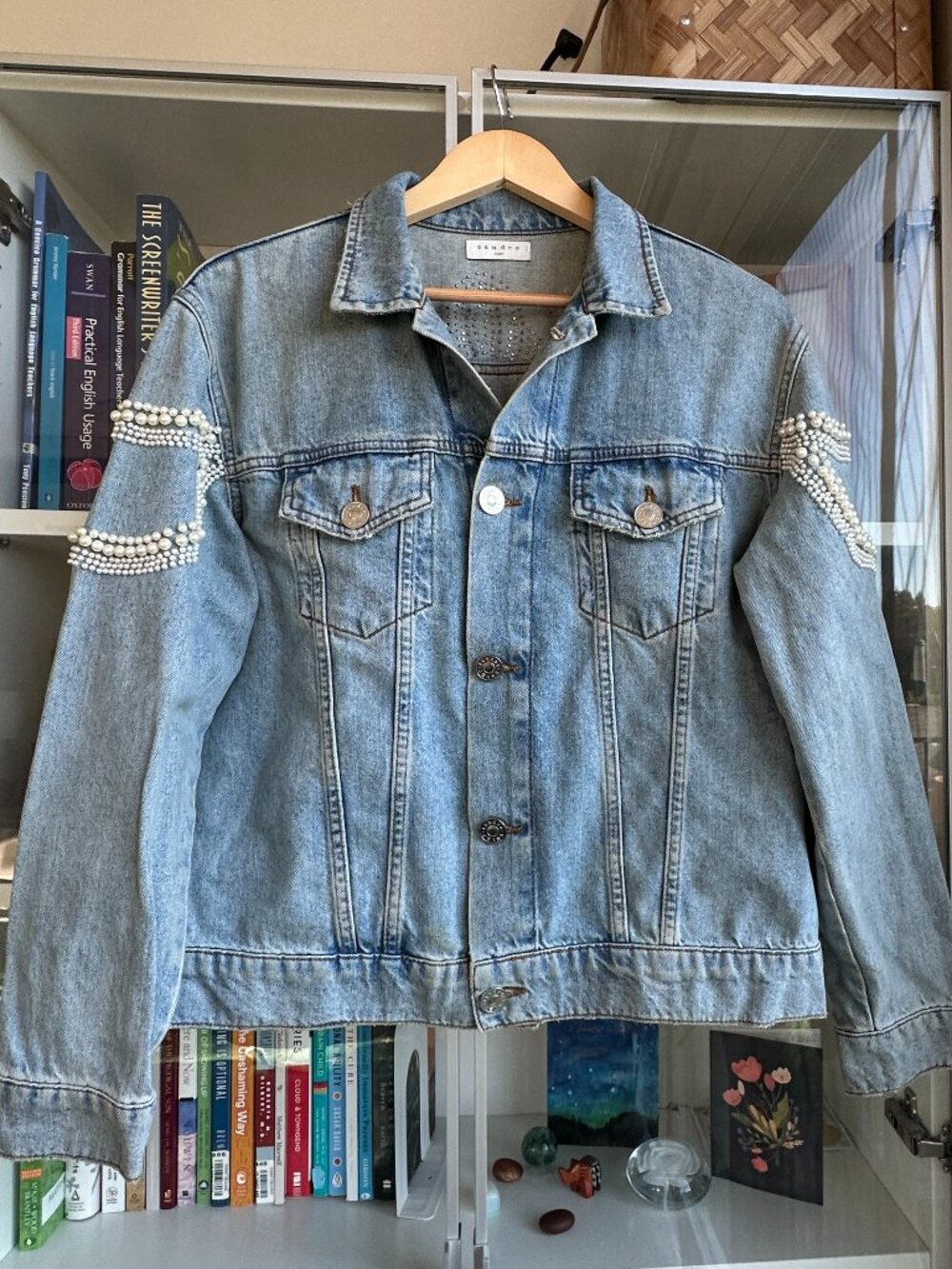 Sandro Pearl Embellished Oversized Distressed Denim Jean Jacket Size small - Picture 6 of 16